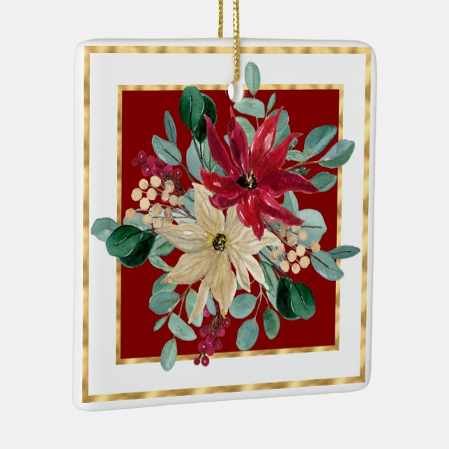 Red Poinsettia Aquarellen und Gold-Geo-Rahmen Keramikornament (Rechts)
