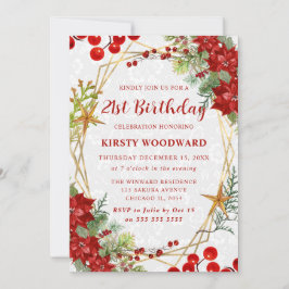 Red Poinsettia & Berry Winter Floral 21st Birthday Einladung
