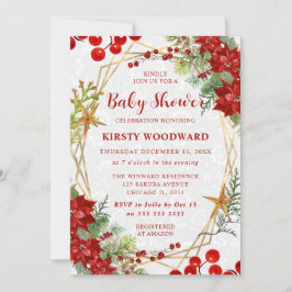 Red Poinsettia & Berry Winter Floral Baby Shower Einladung