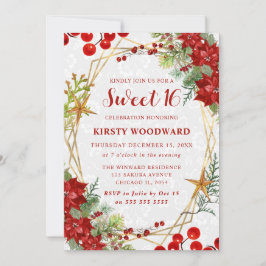 Red Poinsettia & Berry Winter Floral Sweet 16 Einladung