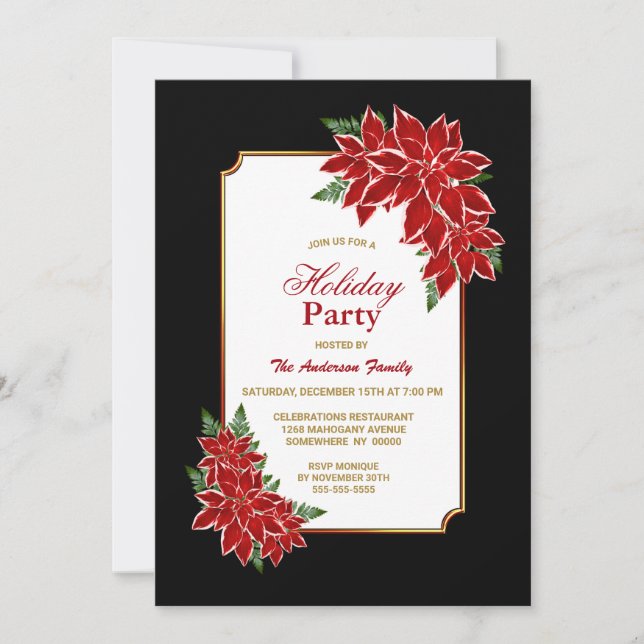 Red Poinsettia Black Border Holiday Party Einladung (Vorderseite)