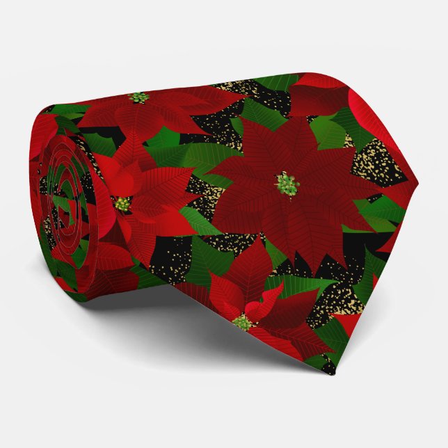 Red Poinsettia Black Christmas Krawatte (Gerollt)