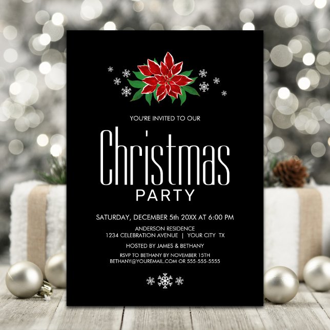 Red Poinsettia Black Minimalistisch Christmas Part Einladung (Von Creator hochgeladen)