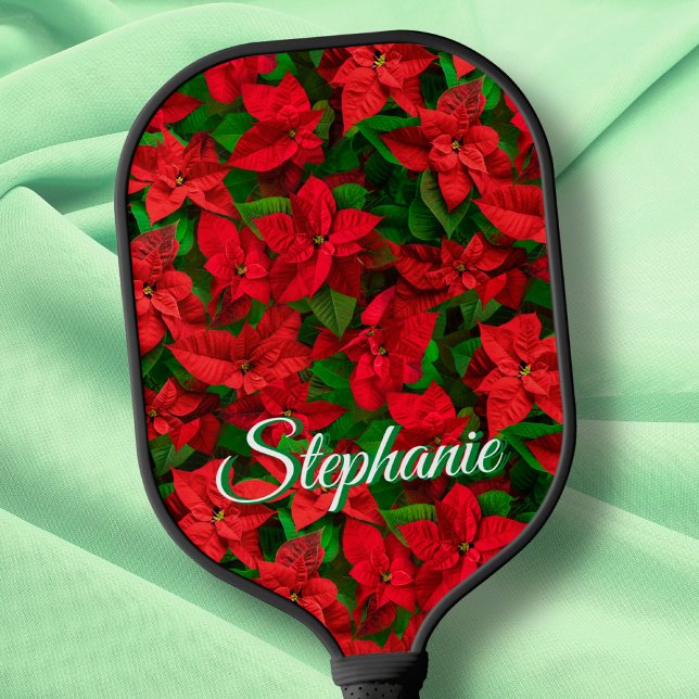 Red Poinsettia Blume Eleganter Skriptname Pickleball Schläger (Von Creator hochgeladen)