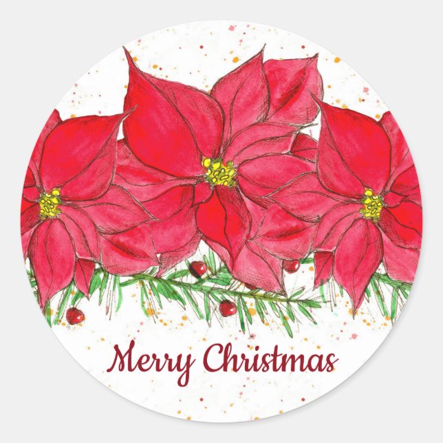 Red Poinsettia Blume Frohe Weihnachten Runder Aufkleber (Vorderseite)