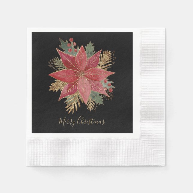 Red Poinsettia Blume Frohe Weihnachtszeitung Party Serviette (Vorderseite)