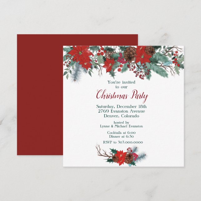 Red Poinsettia Border Bouquet Weihnachtsgebäck Par Einladung (Vorne/Hinten)