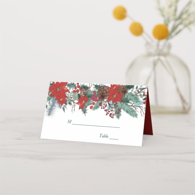 Red Poinsettia Border Floral Wedding Platzkarte (Vorderseite)