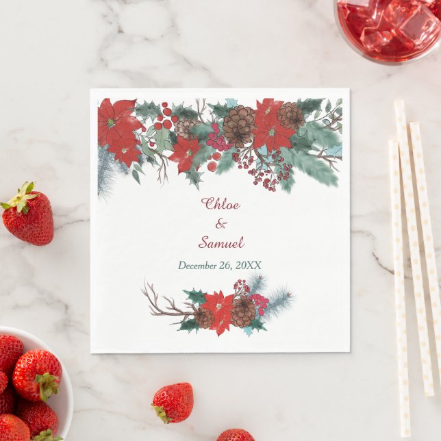 Red Poinsettia Border Floral Wedding Serviette (Beispiel)