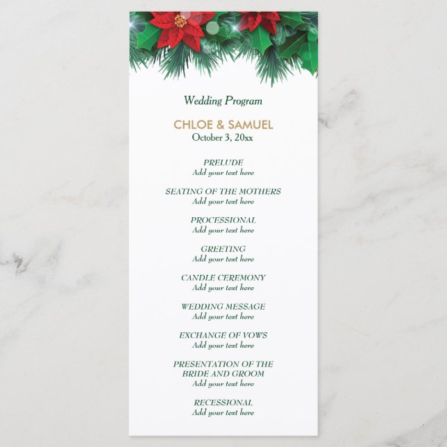 Red Poinsettia Border Wedding Program Programm (Vorderseite)