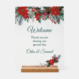 Red Poinsettia Border Wedding Welcome#2 Acrylschild