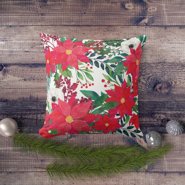 Red Poinsettia Bouquet Floral Weihnachten Kissen (Von Creator hochgeladen)