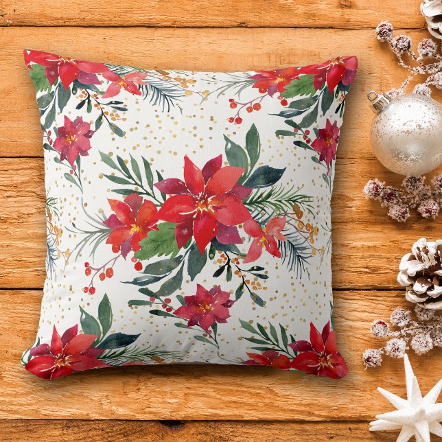 Red Poinsettia Bouquet Gold Confetti Weihnachten Kissen (Von Creator hochgeladen)
