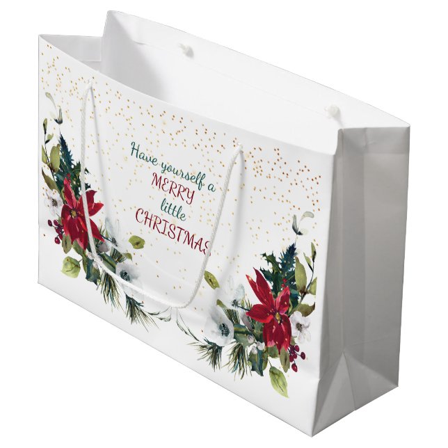 Red Poinsettia Bouquet Gold Glitzer Weihnachten Große Geschenktüte (Vorderseite Schrägansicht)