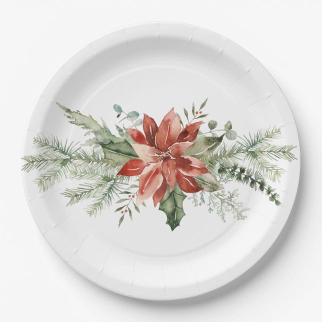 Red Poinsettia Christmas Evergreens Pappteller (Vorderseite)