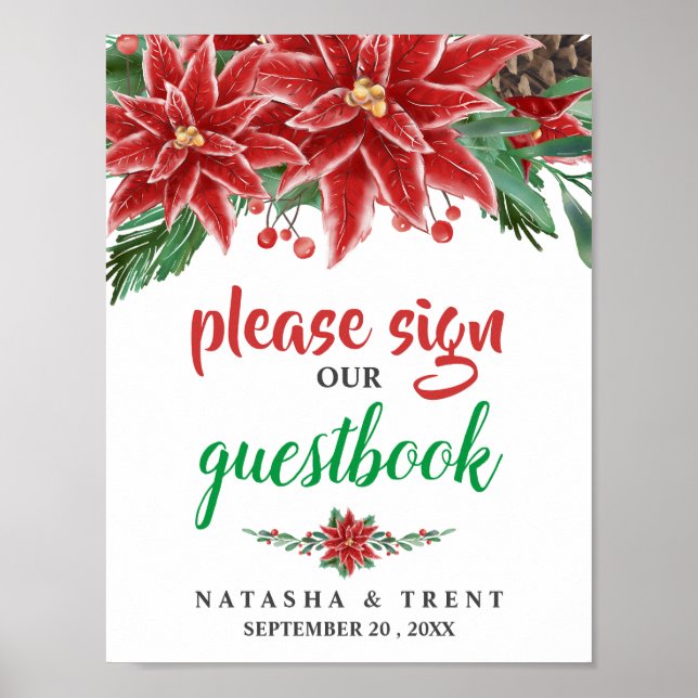 Red Poinsettia Christmas Gästebuch Wedding Sign (Vorne)
