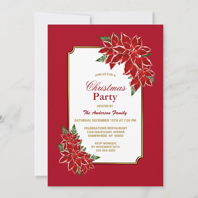 Red Poinsettia Christmas Party Einladung (Vorderseite)
