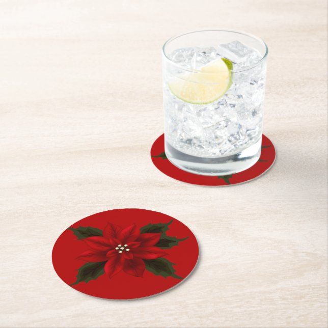 Red Poinsettia Christmas Party Runder Pappuntersetzer (Vor Ort)