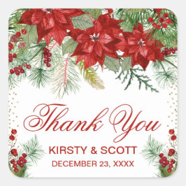 Red Poinsettia Christmas Wedding Thank You Favor Quadratischer Aufkleber