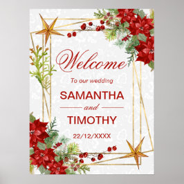 Red Poinsettia Christmas Wedding Welcome Sign Poster