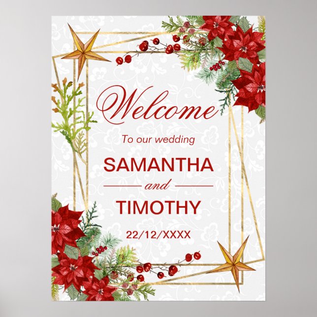 Red Poinsettia Christmas Wedding Welcome Sign Poster (Vorne)