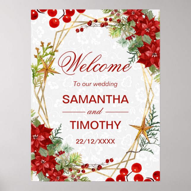 Red Poinsettia Christmas Wedding Welcome Sign Poster (Vorne)