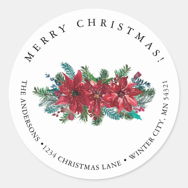Red Poinsettia Classic Frohe Weihnachtsadresse Runder Aufkleber (Vorderseite)