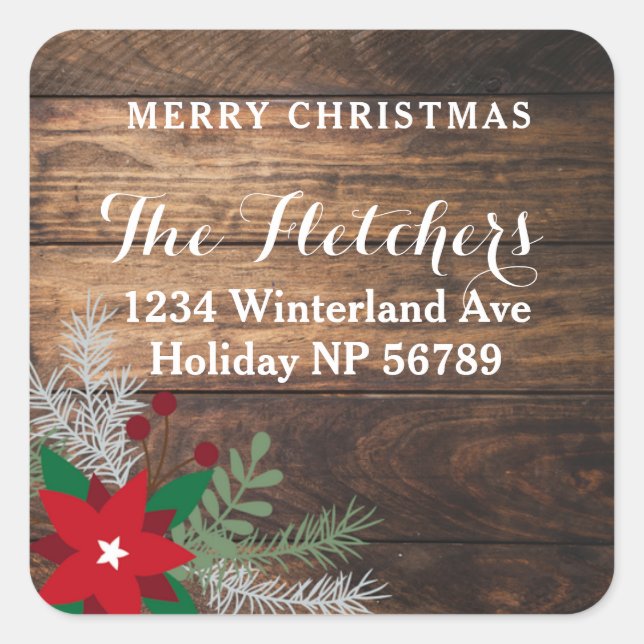 Red Poinsettia Dark Wood Square Address Label Quadratischer Aufkleber (Vorderseite)