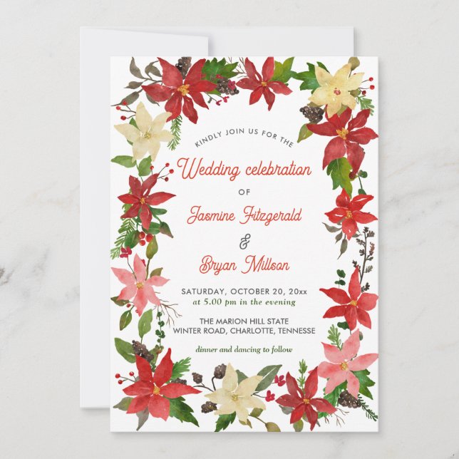 Red Poinsettia Floral Berry Weihnachten | Hochzeit Einladung (Vorderseite)