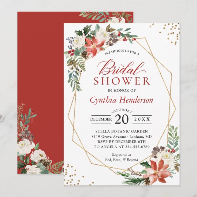 Red Poinsettia Floral Christmas Brautparty Einladung (Vorne/Hinten)