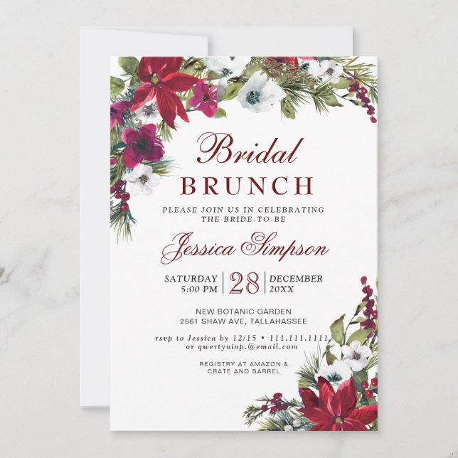 Red Poinsettia Floral Christmas Bridal Brunch Einladung (Vorderseite)
