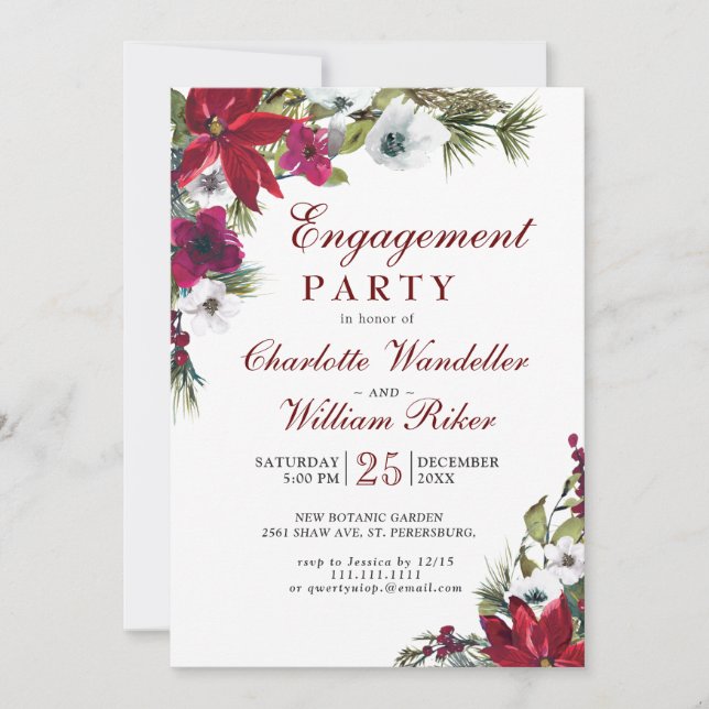 Red Poinsettia Floral Christmas Engagement Party Einladung (Vorderseite)