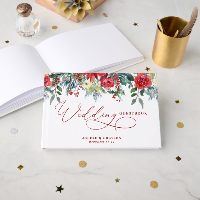 Red Poinsettia Floral Christmas Gästebuch (Vorderseite Offen)
