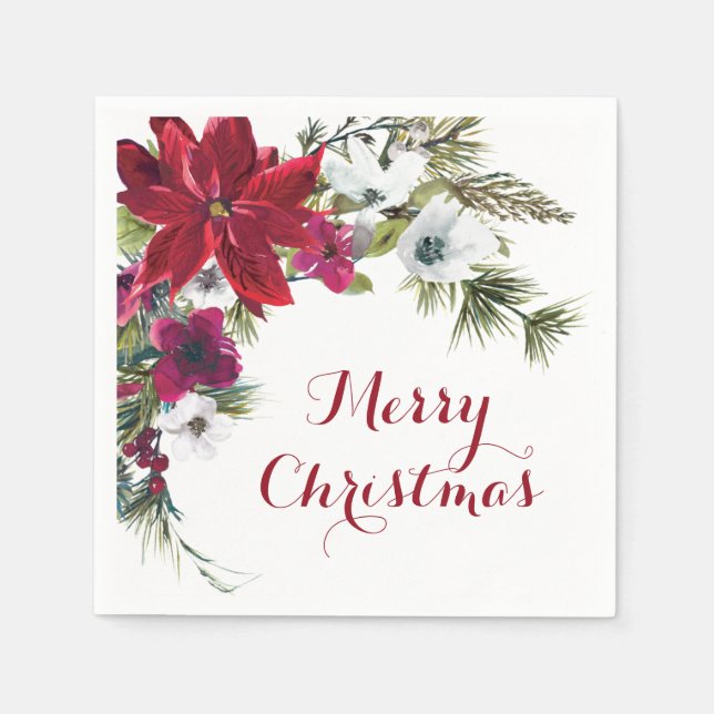 Red Poinsettia Floral Frohe Weihnachtsfeier Party Serviette (Vorderseite)