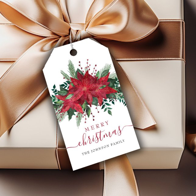 Red Poinsettia Floral Script Geschenkanhänger (Red Poinsettia Floral Script Christmas Gift Tags)