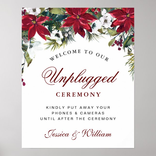Red Poinsettia Floral Unplugged Zeremony Sign Poster (Vorne)