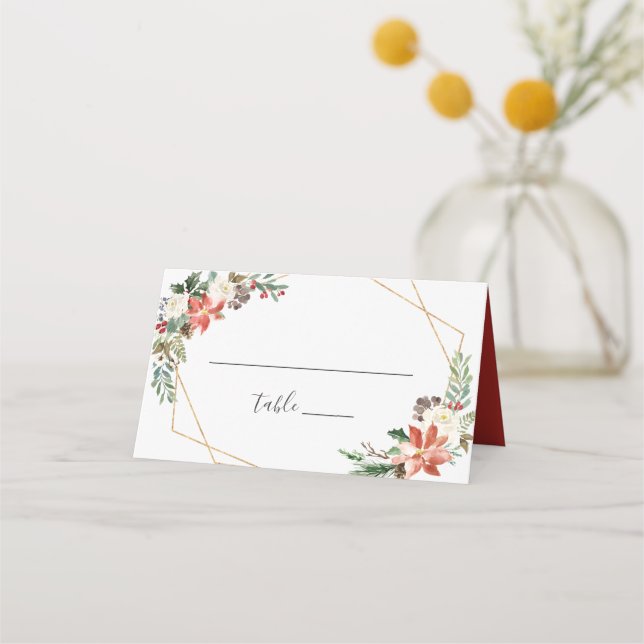 Red Poinsettia Floral Wedding Table Escort Platzkarte (Vorderseite)