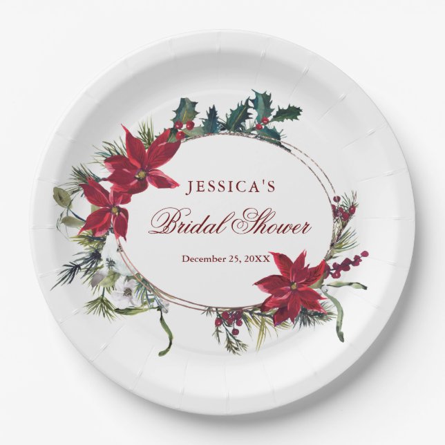 Red Poinsettia Floral Winter Brautparty Party Pappteller (Vorderseite)
