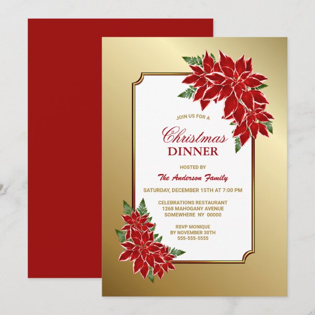 Red Poinsettia Gold Border Christmas Dinner Einladung (Vorne/Hinten)