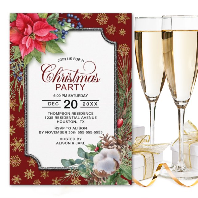 Red Poinsettia Gold Snowflakes Weihnachts-Party Einladung (Von Creator hochgeladen)