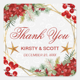 Red Poinsettia & Gold Star Christmas Wedding Quadratischer Aufkleber
