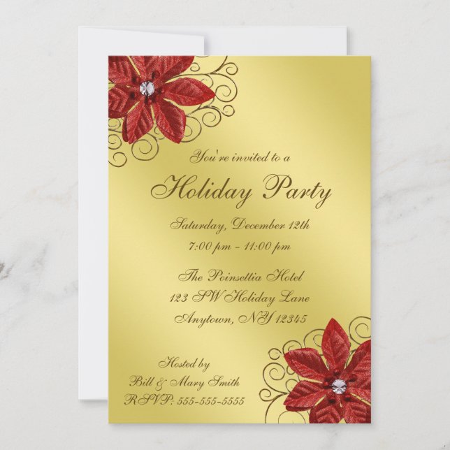 Red Poinsettia Gold Wirbel Holiday Party Einladung (Vorderseite)