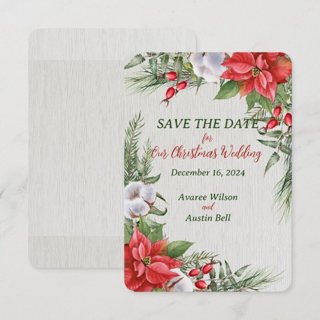 Red Poinsettia Green Blätter Weihnachtsfeier Save The Date (Vorne/Hinten)
