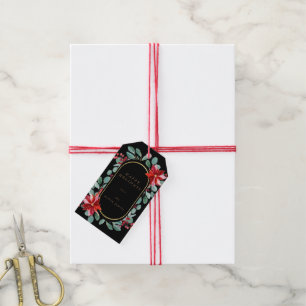 Red Poinsettia Holiday Floral Monogram Étiquettes 