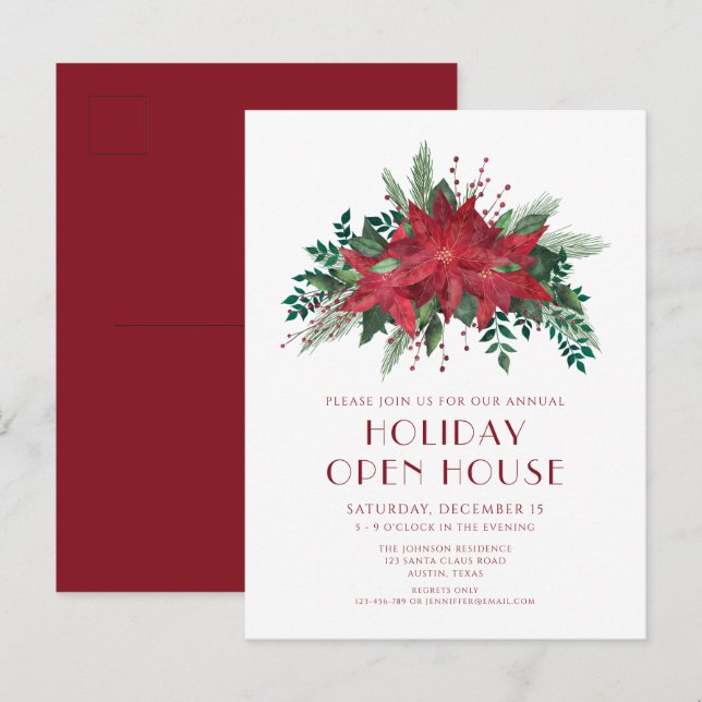 Red Poinsettia Holiday Open House Invitation (Devant / Derrière)