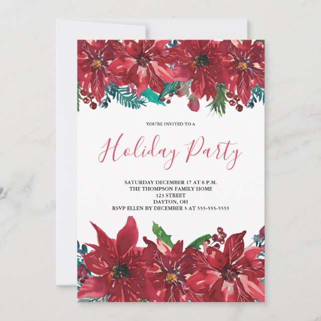 Red Poinsettia Holiday Party Einladung (Vorderseite)