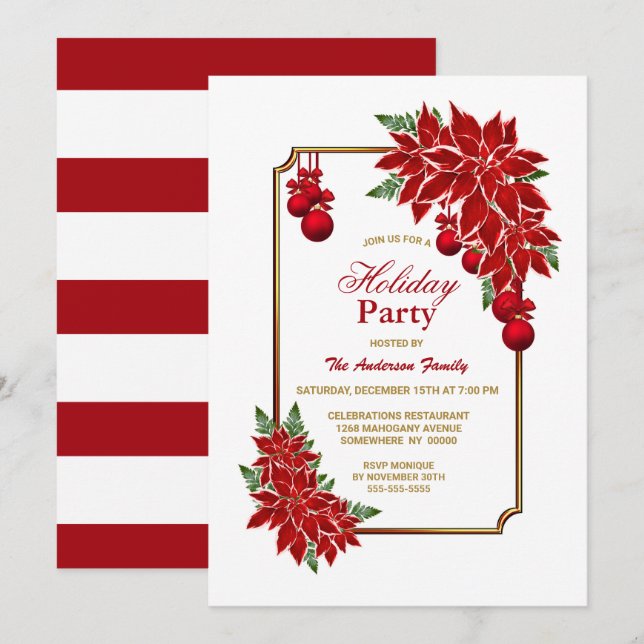 Red Poinsettia Holiday Party Einladung (Vorne/Hinten)
