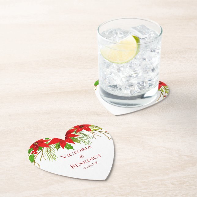 Red Poinsettia Holiday Wedding Custom Heart Untersetzer (Vor Ort)