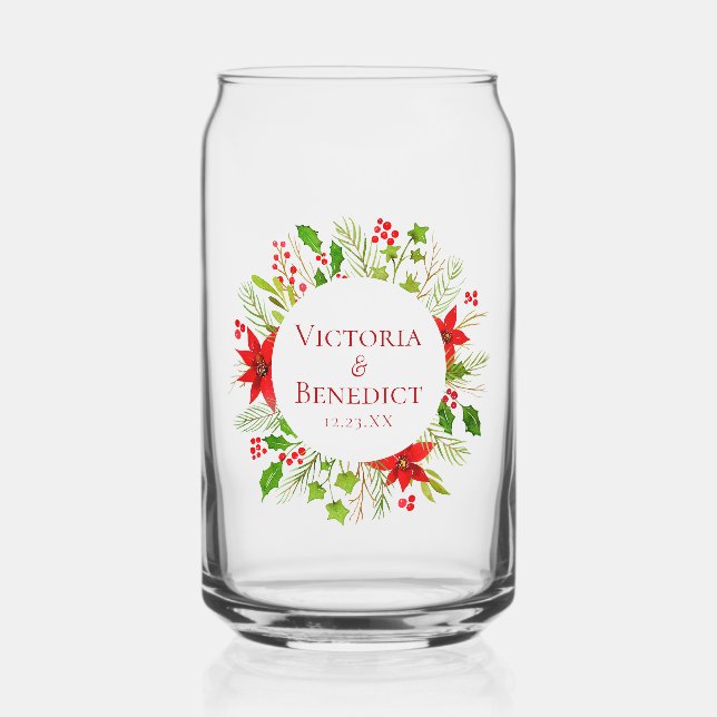 Red Poinsettia Holiday Wedding Personalisiert Dosenglas (Vorderseite)
