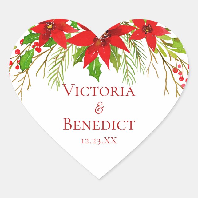 Red Poinsettia Holiday Wedding Personalisiert Herz-Aufkleber (Vorderseite)